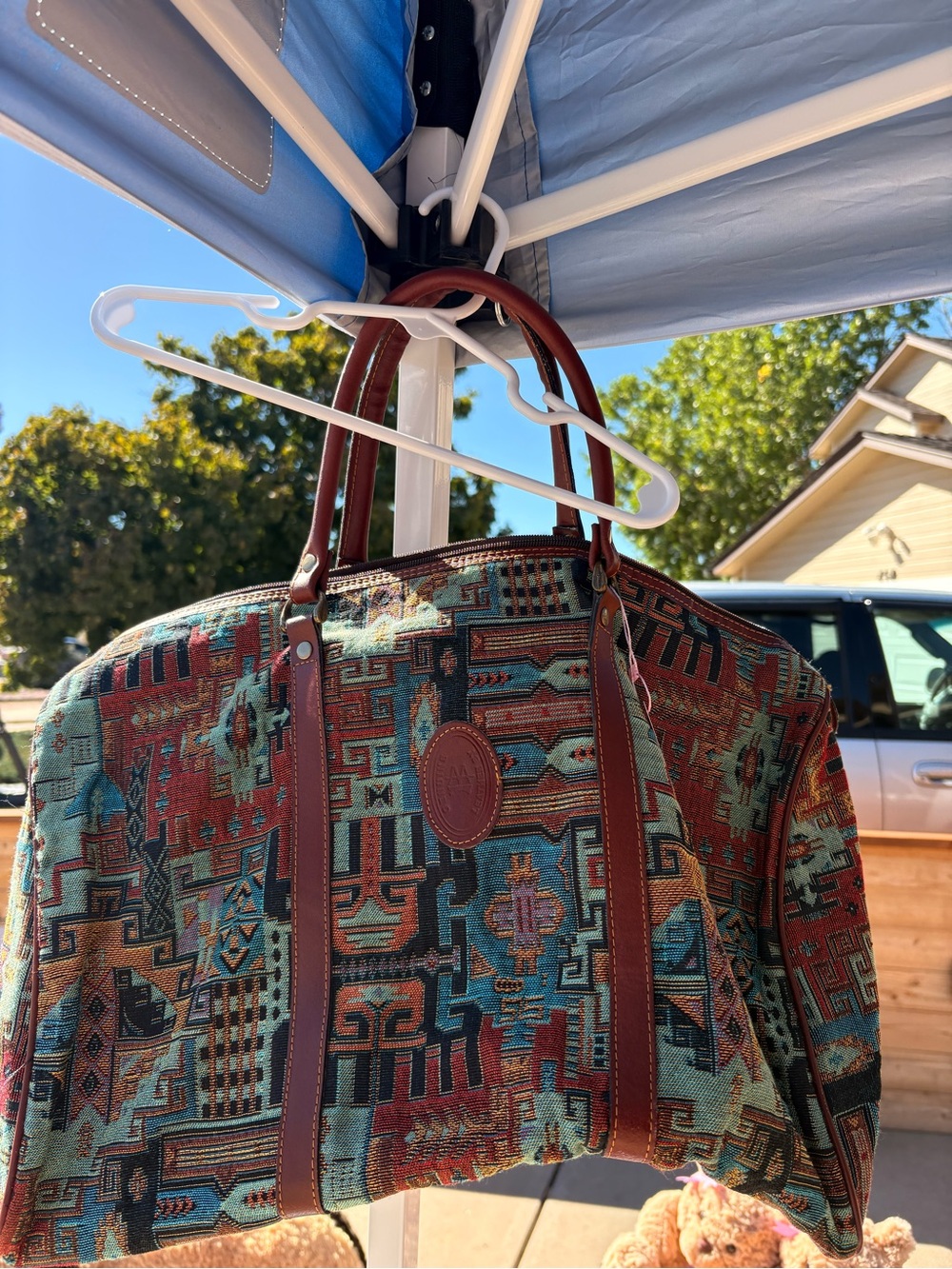 Southwestern Pattern Weekender Travel Bag with Brown Leather Trim